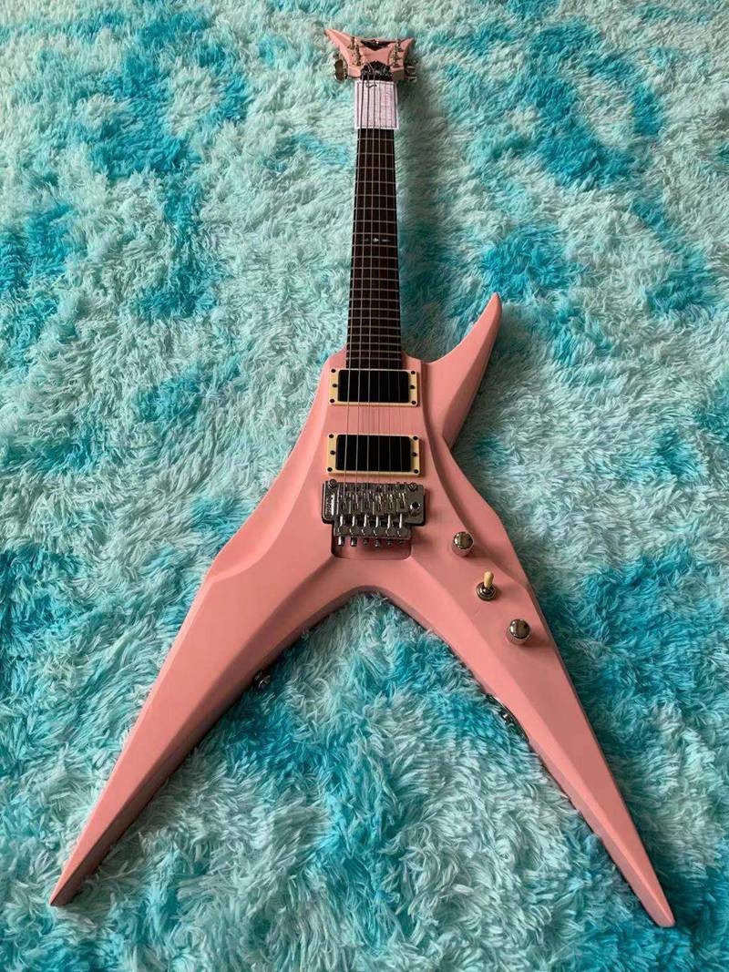 6 Strings Guitar 39 Inch V Shape Electric Guitar Neck Through Active Guitar Mahogany Wood Body Matte Pink Green Black Re