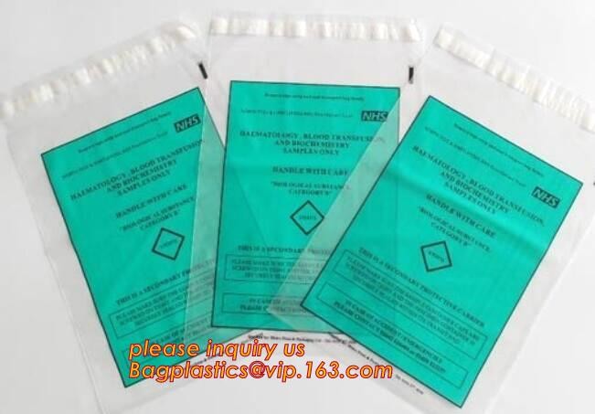 Laboratory Medical biohazard lab plastic specimen transport bag with double pouches, embossed reclosable biohazard speci