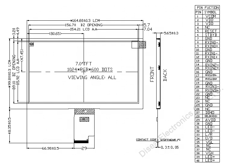 40 Pin Lvds Lcd Panel 7 Inch Ips Display 1024x600 With Capacitive Touch