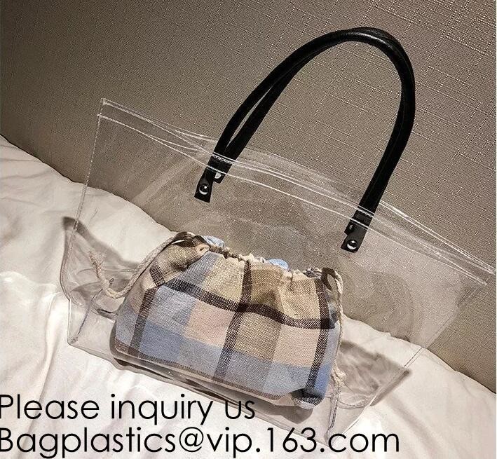 Waterproof All Over Printing PVC Coating Tote Shoulder Fabric Shopping Bag With Gusset And Lining,Jelly Clear Plastic PV