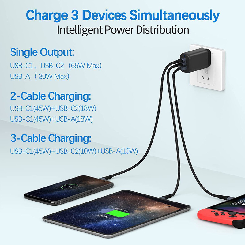 Fast GaN 65W Usb C Charger 3 Port For MacBook Laptop Samsung
