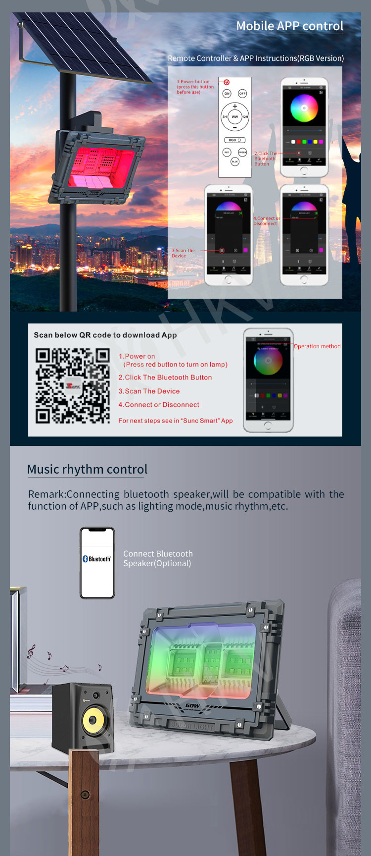 Solar LED RGB Flood Light Outdoor Bluetooth Mobile Phone And Music Smart Control