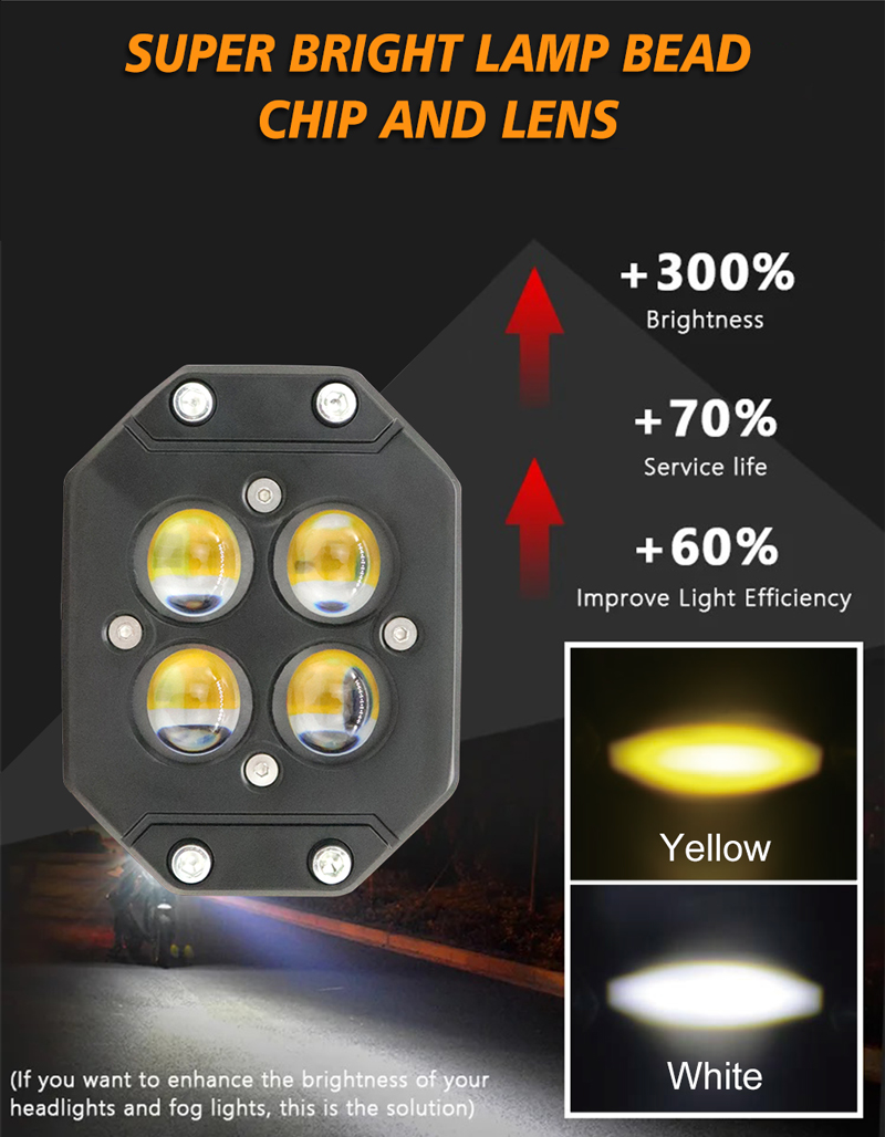 Square White Yellow 4 Beam Aluminum Universal LED Motorcycle Spot Lights