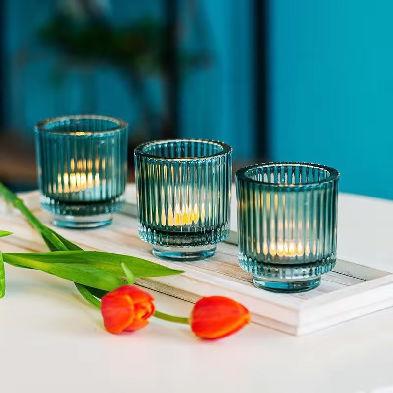 Unique Design Candle Holder Vertical Striped Home Decoration Candle Container Amber Blue Pink