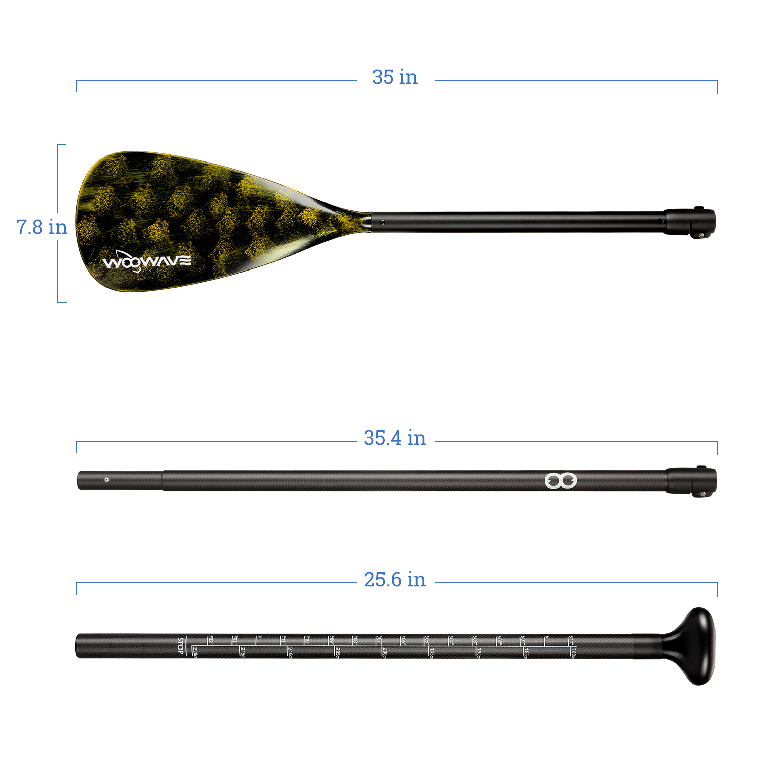 Black/Yellow 3-pieces Carbon Fiber SUP Paddle Woowave Adjustable for Boat