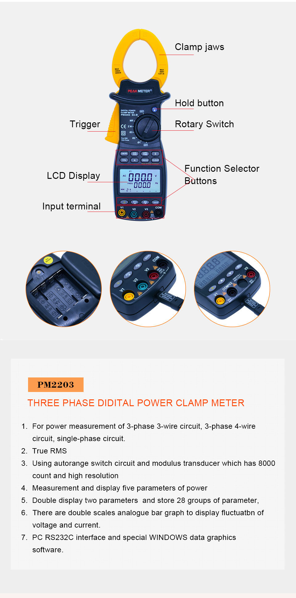 Multifunctional 3 Phase Clamp Meter , High Precision Electrical Clamp Meter