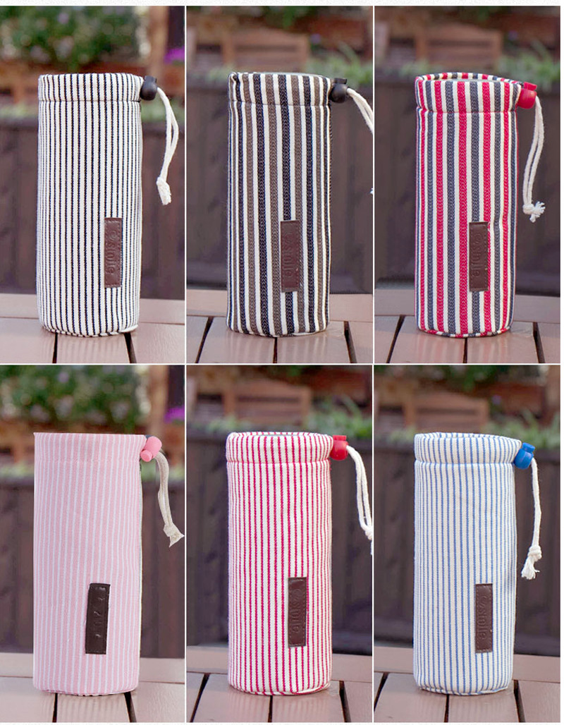 Waterproof Cotton Drawstring Stripe Water Glass Bottle Cover Carry Bag