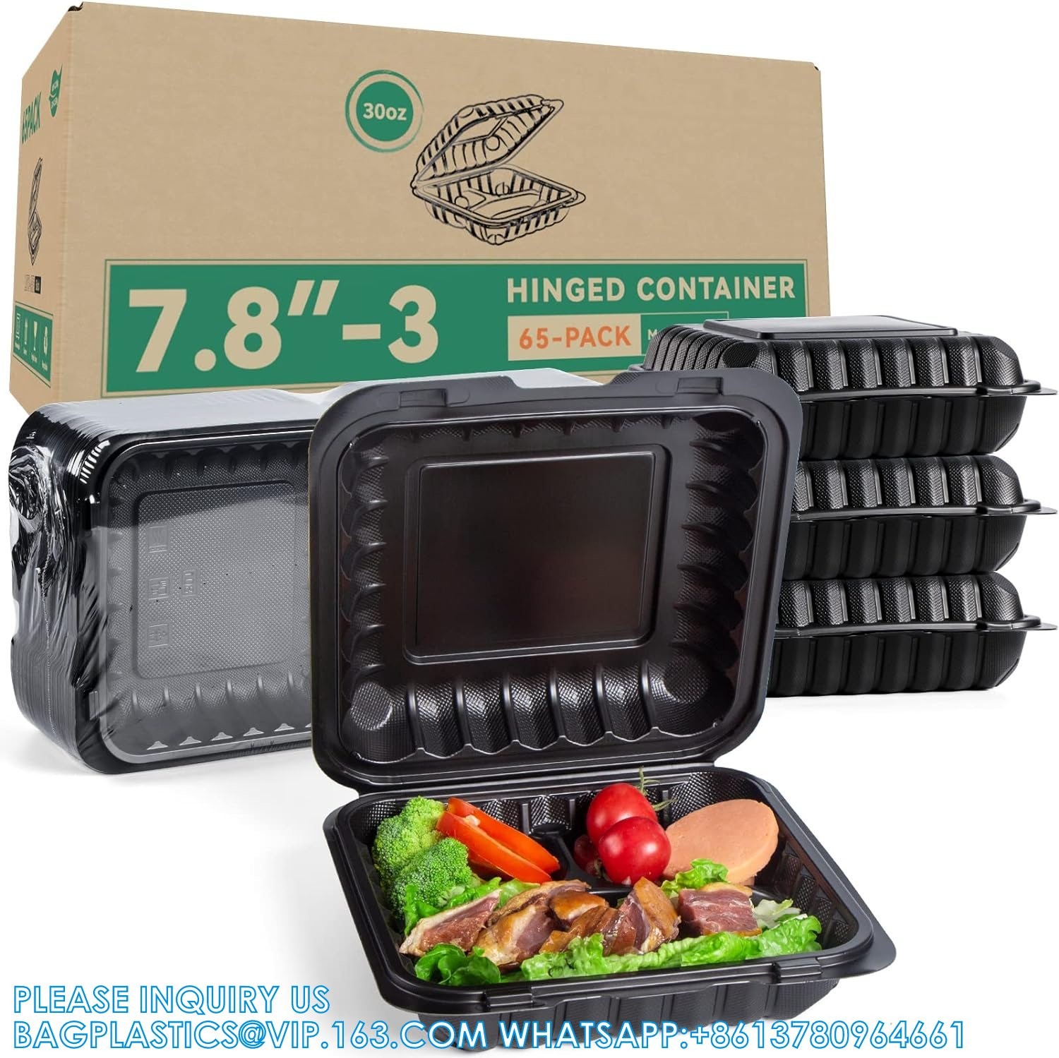 Meal Prep Containers, 65 Pack Clamshell Food Containers 7.8 Inch Black 3 Compartment To Go Containers