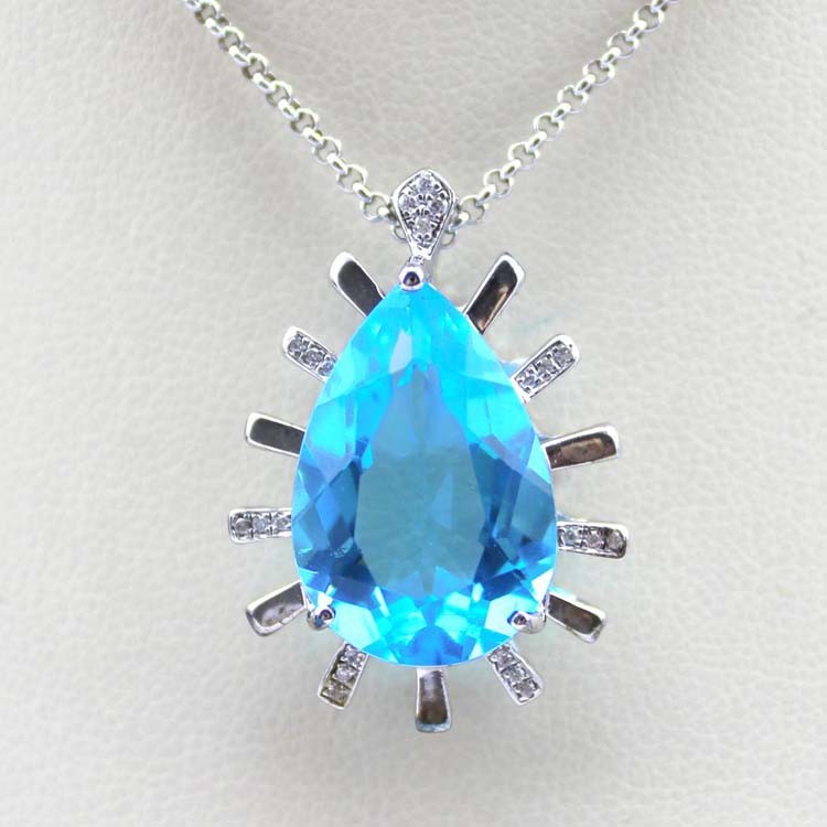 925 Sterling Silver 12mmx18mm Drop Shape Blue Topaz CZ Diamonds Pendant with Chain Necklace (PSJ0217)