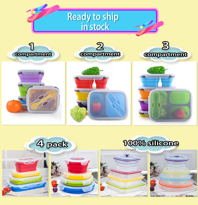 2 Compartment Lunch Box Silicone Household Products Collapsible Lunch Containers