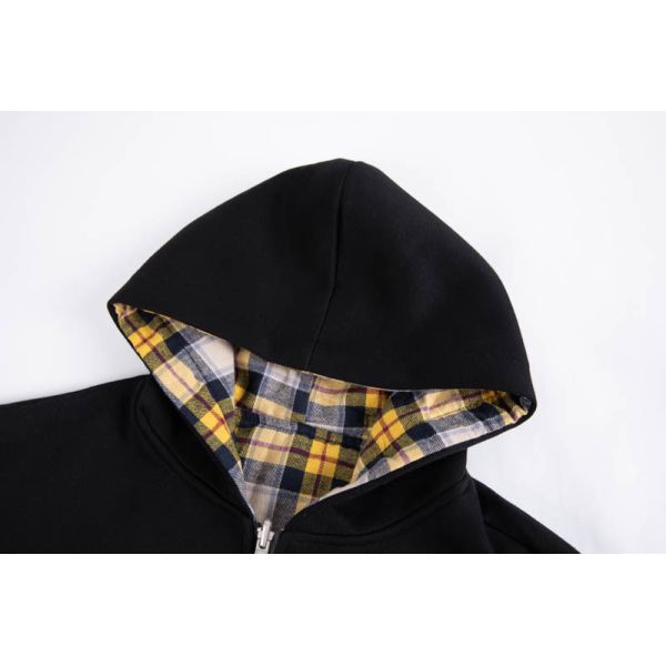 Men's Black Full-Zip Hoodie with Contrast Plaid Lining and Medium-Weight Fleece for Regular Fit