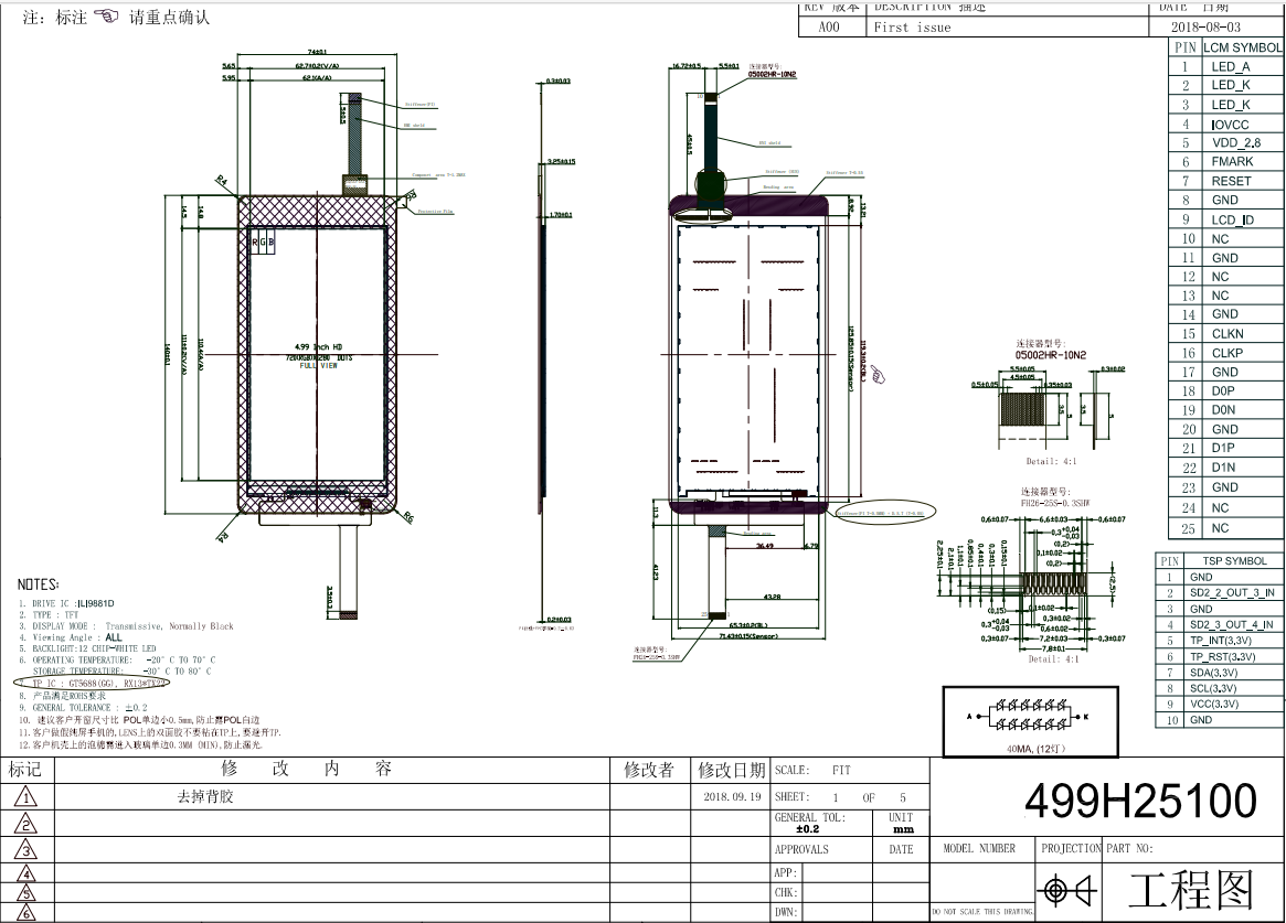 5.0 4.99'' 720 X 1280 IPS MIPI ILI9881D TFT LCD Module View Angle Capacitive Touch Panel