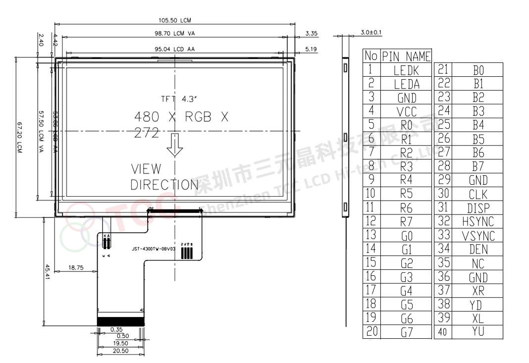 40 Pin 480*RGB*272 TFT Transmissive RGB 24-Bit Interface 500 Bright 4.3 Inch LCD Display