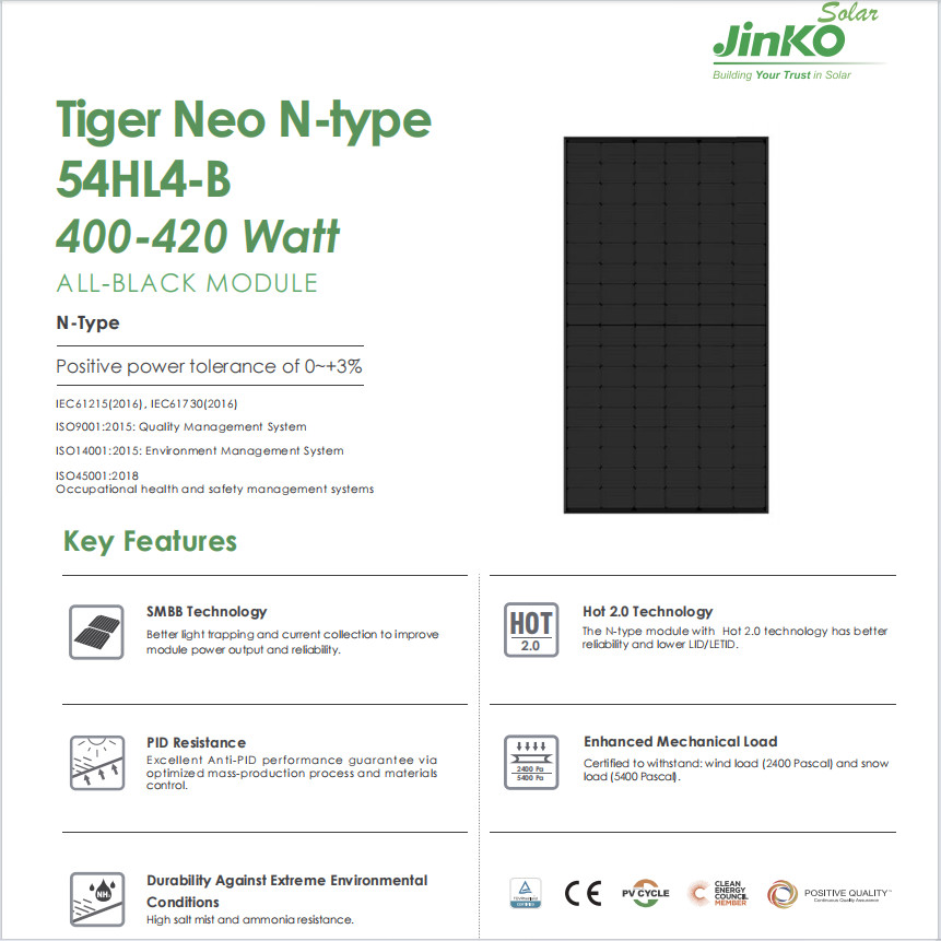 400W 405W 410W 415W Jinko PV Modules Tiger Neo N Type Monocrystalline Full Black