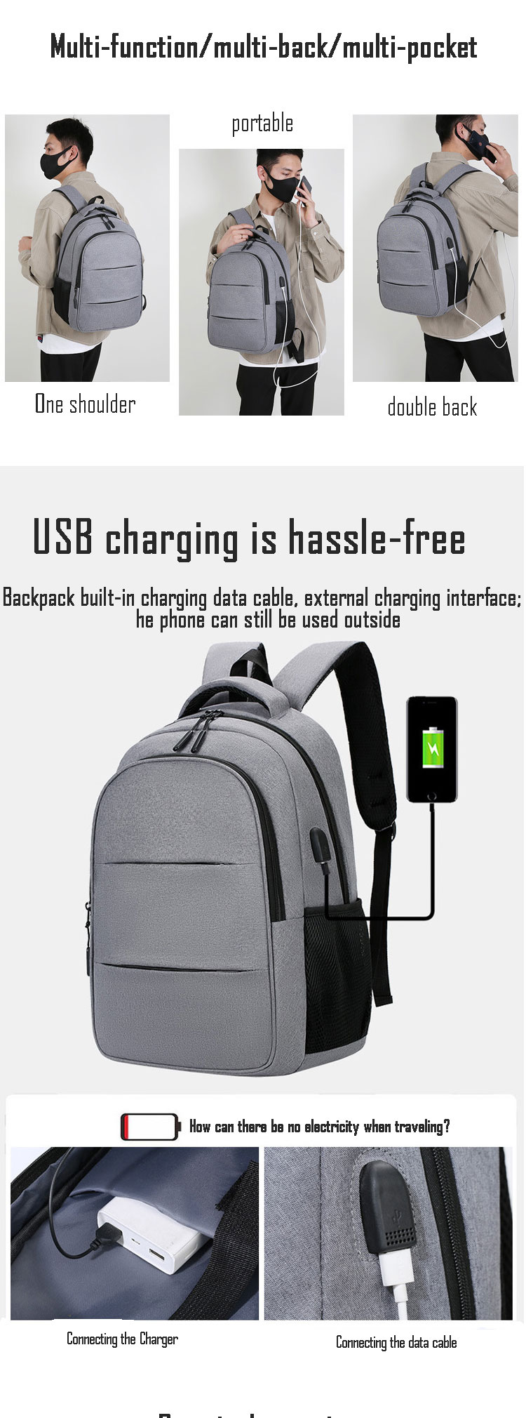 Men Casual Travel Laptop Backpacks College Students Computer Backpack with USB Port