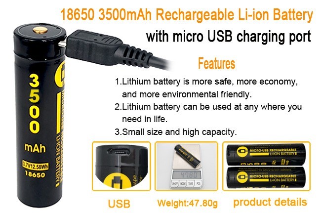 500 Cycles 3.7 Volt Rechargeable Battery Lithium Ion Cells 18650 With USB Type C Port