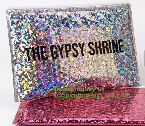 Compostable metallic glossy holographic private label bubble mailing bag, zip slider clear glitter bubble pouch bag