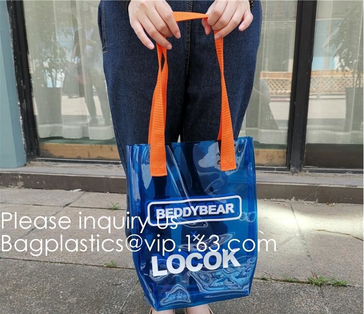 Waterproof All Over Printing PVC Coating Tote Shoulder Fabric Shopping Bag With Gusset And Lining,Jelly Clear Plastic PV