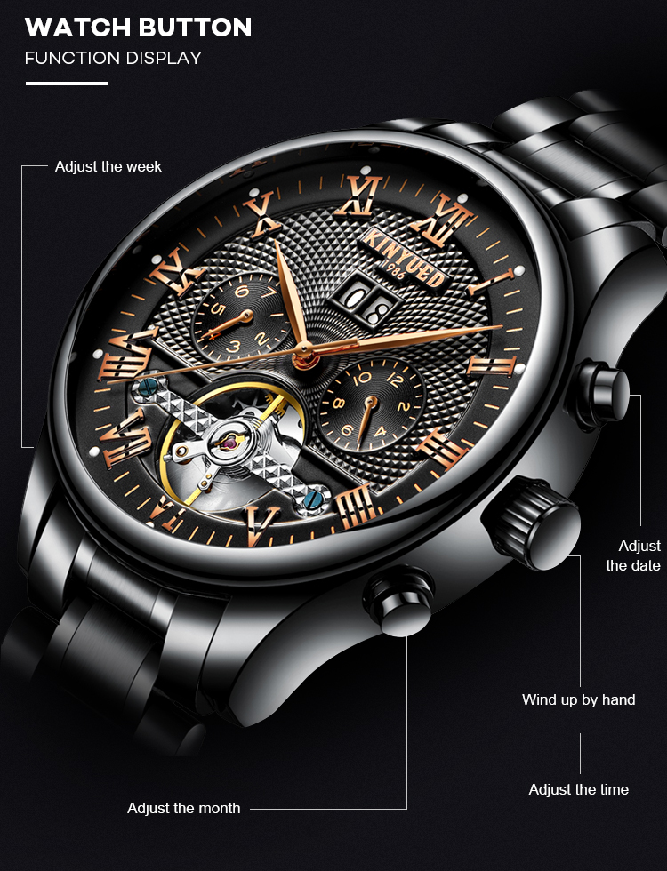 Fashion Stainless Steel Tourbillon Movement Mens Watch Waterproof KINYUED Automatic Mechanical Watches