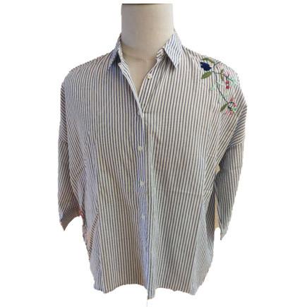 Quality Embroidery Ladies Cotton Blue And White Striped Blouse for sale