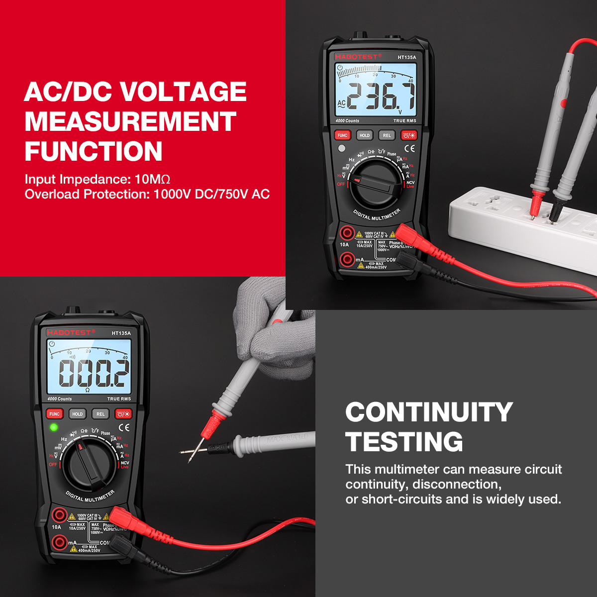 HABOTEST HT135 Digital Multimeter 1000V 10A 4000 Counts AC/DC Transistor Tester Electrical NCV Test Meter Profesional Multimetr
