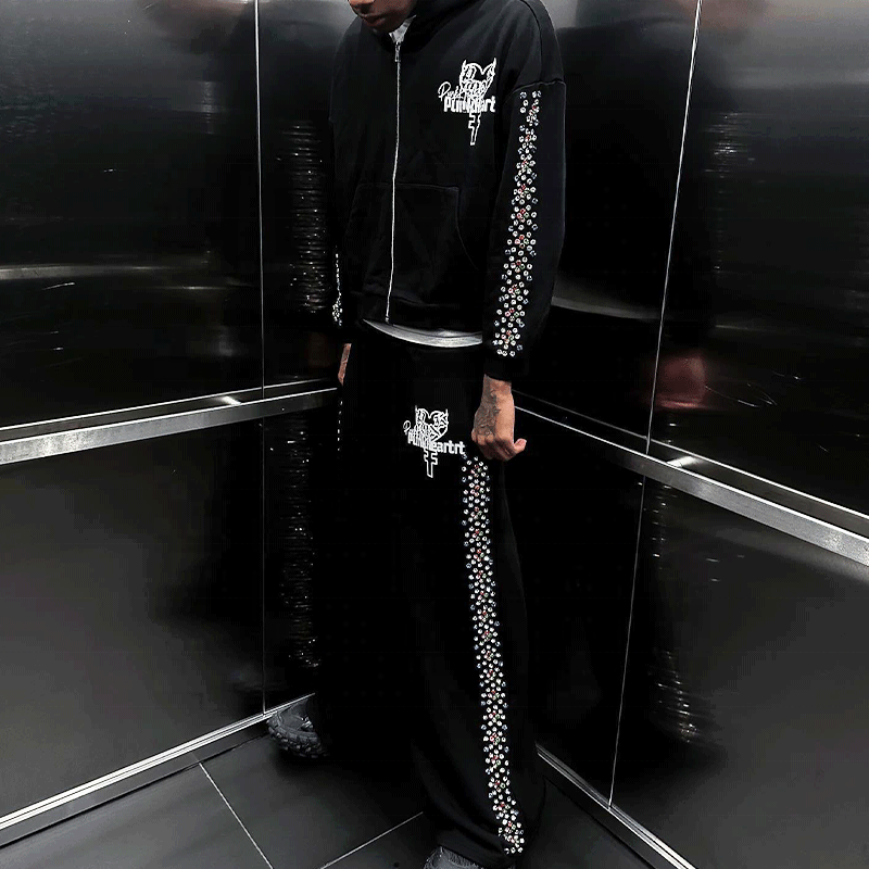 Rhinestone Puff Printing Logo Mens Zip Up Tracksuit Heavyweight Mens Sportswear Tracksuit