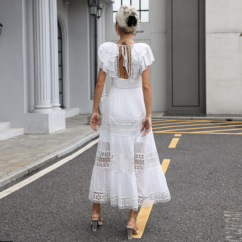 High Neck Ladies Lace Dresses Balloon Long Sleeve Lace Up Dress With Elastic Cuffs