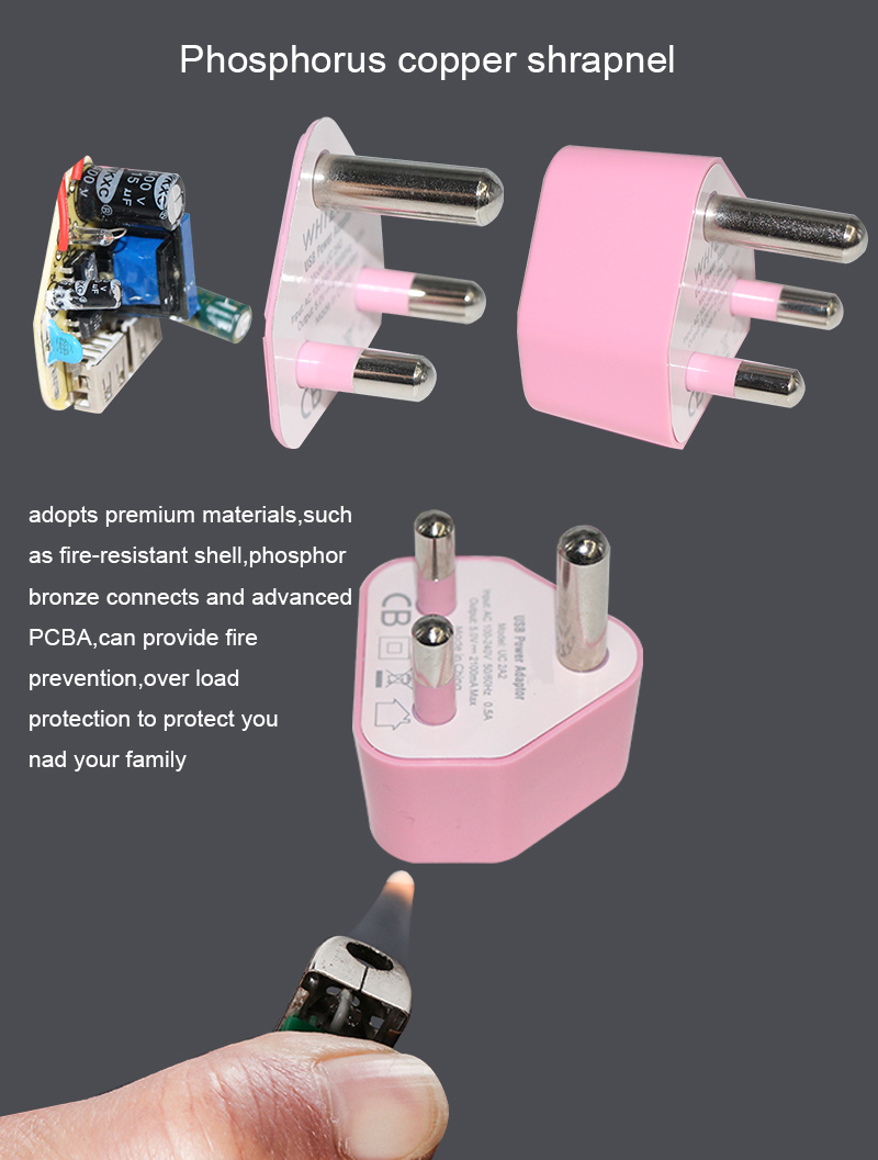 5V 2.1A Dual USB Charger Travel Power Adapter for South Africa and India