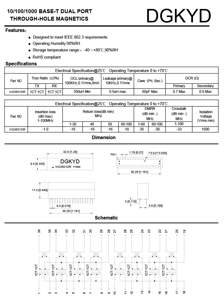 Ethernet Transformer 1000BASE Filter KG3601DR 36PIN Magnetic Network LAN DIP Network Transformer