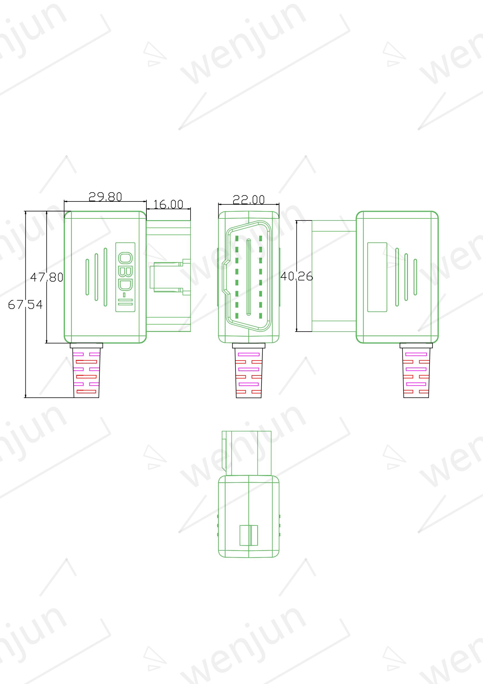 16 Pin OBD2 Plug Adapter Male Plug J1962 Buckle Housing With Wire Exit Hole