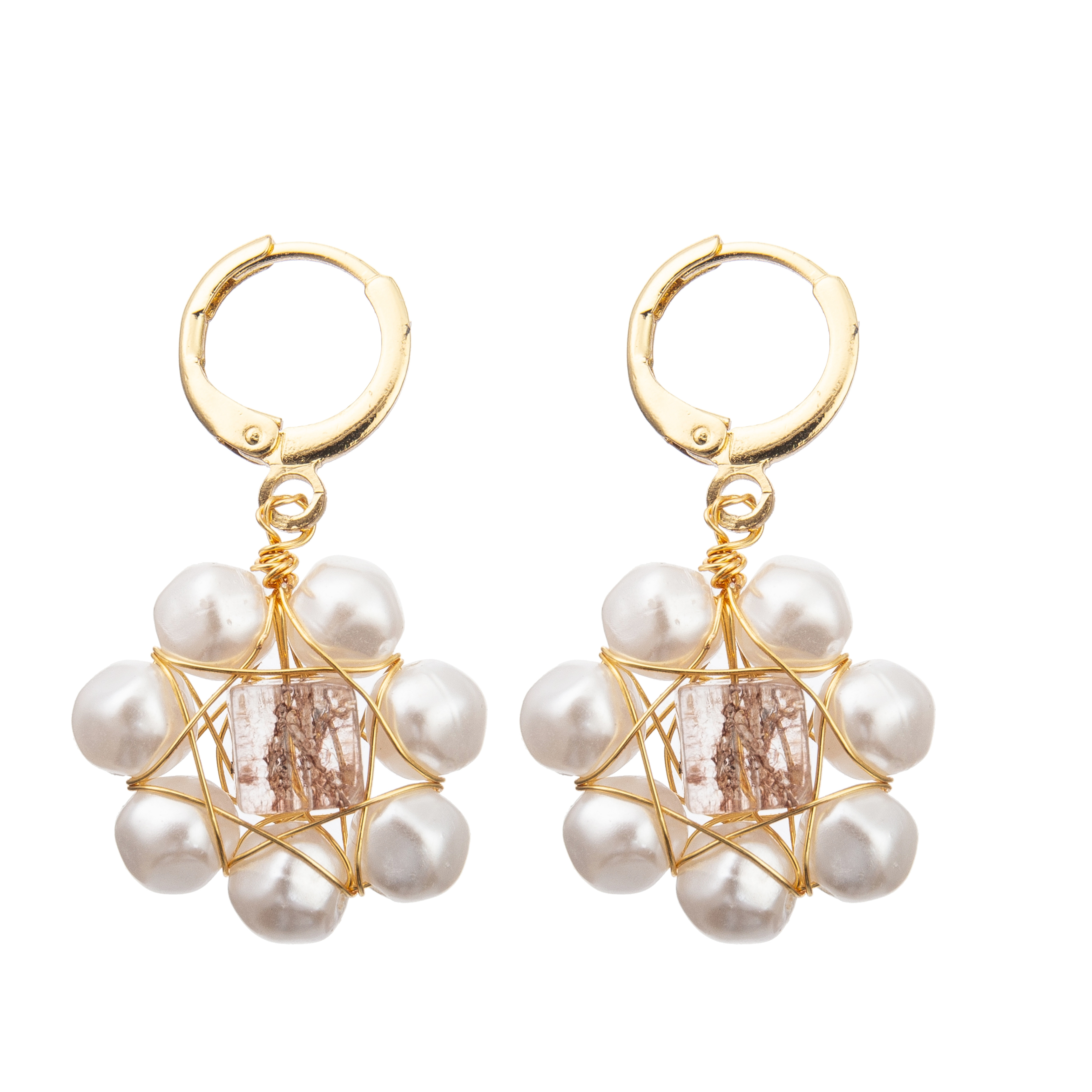 White Flower Red Faceted Glass Beads Freshwater Pearl Earrings Set for Women