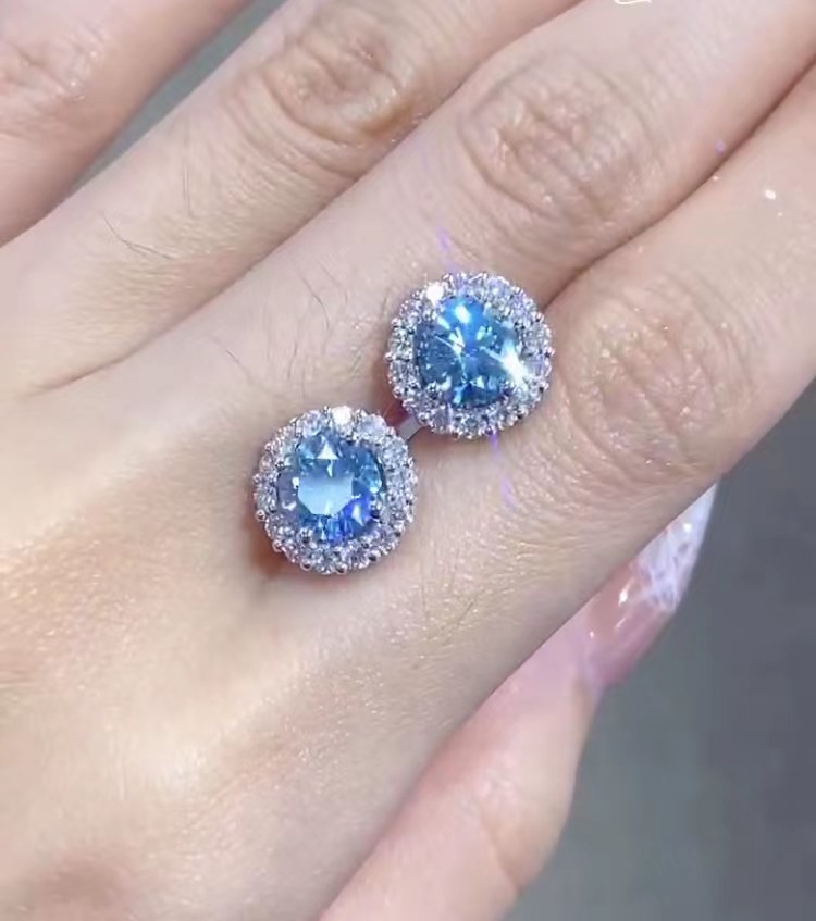 Lab Created CVD diamond earrings Blue Round Shape IGI Certified 18k Gold Studs