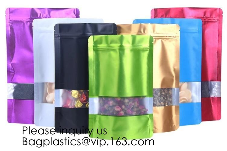 Matte Metallic Color with Frosted Window Display Stand-Up k Bags,Aluminum Foil Back - Resealable k and Heat