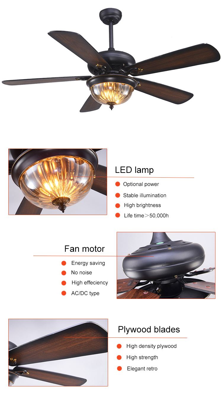 Westing Houses 52cm 110AC Black Crystal Ceiling Fan Light 5 Blades 3 Lampshades