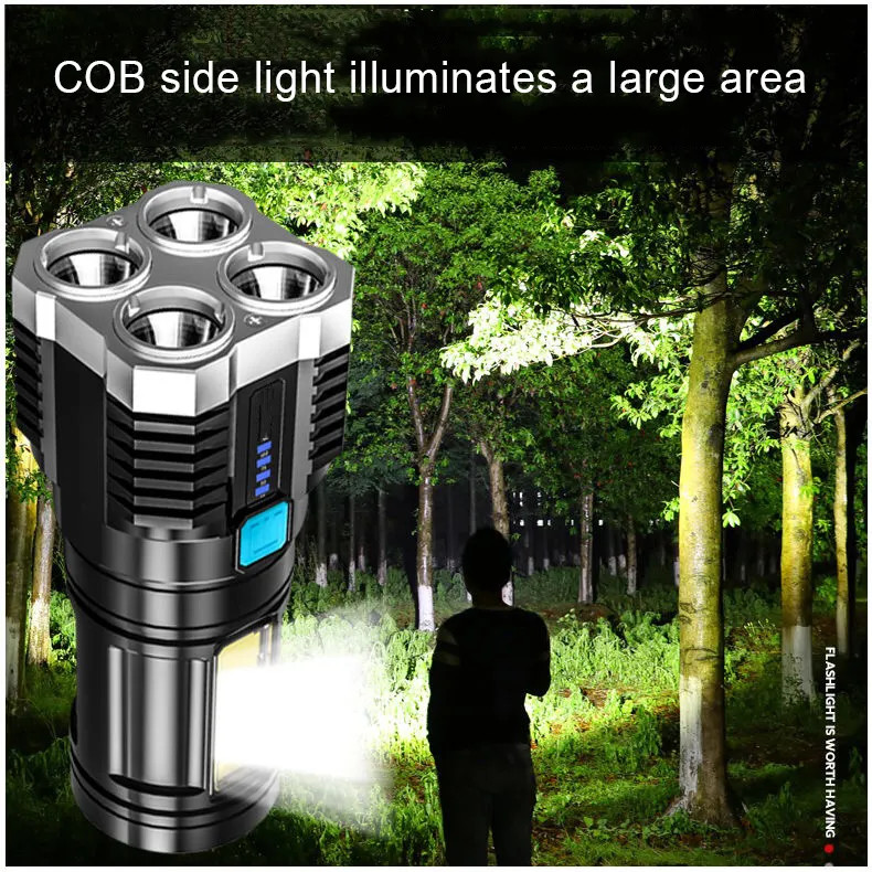 1000 Lumens 4led Rechargeable Cob Flashlight Multifunctional Led Flashlight