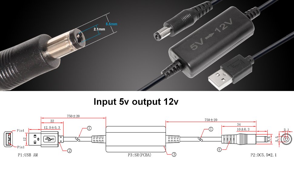 5V 12V DC Power USB Converter Cable With USB 2.0 Connector And Pure Copper Conductor