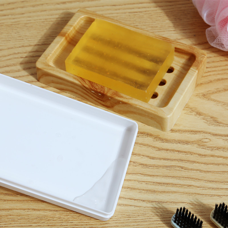 Toilet Wood Grain Shelf Plastic Soap Holder Dish Tray With Lid Drain