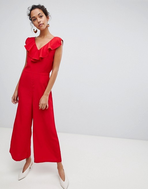 factory supplier in china custom plain red ruffle detail wide leg girl jumpsuit