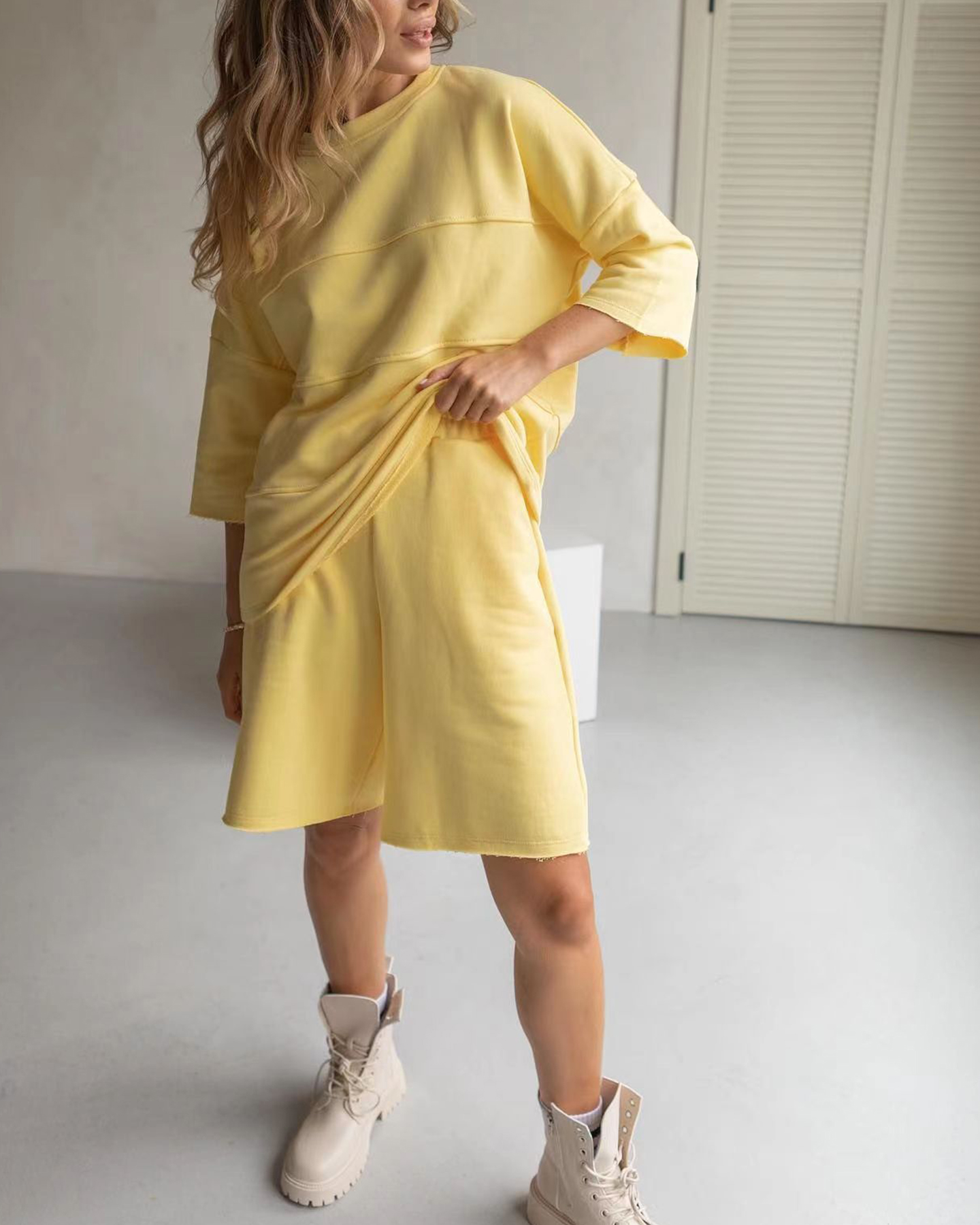 Women's Hoodie Set Casual Loose T Shirt Five Quarter Pants Training Jogging Wear Plain Dyed