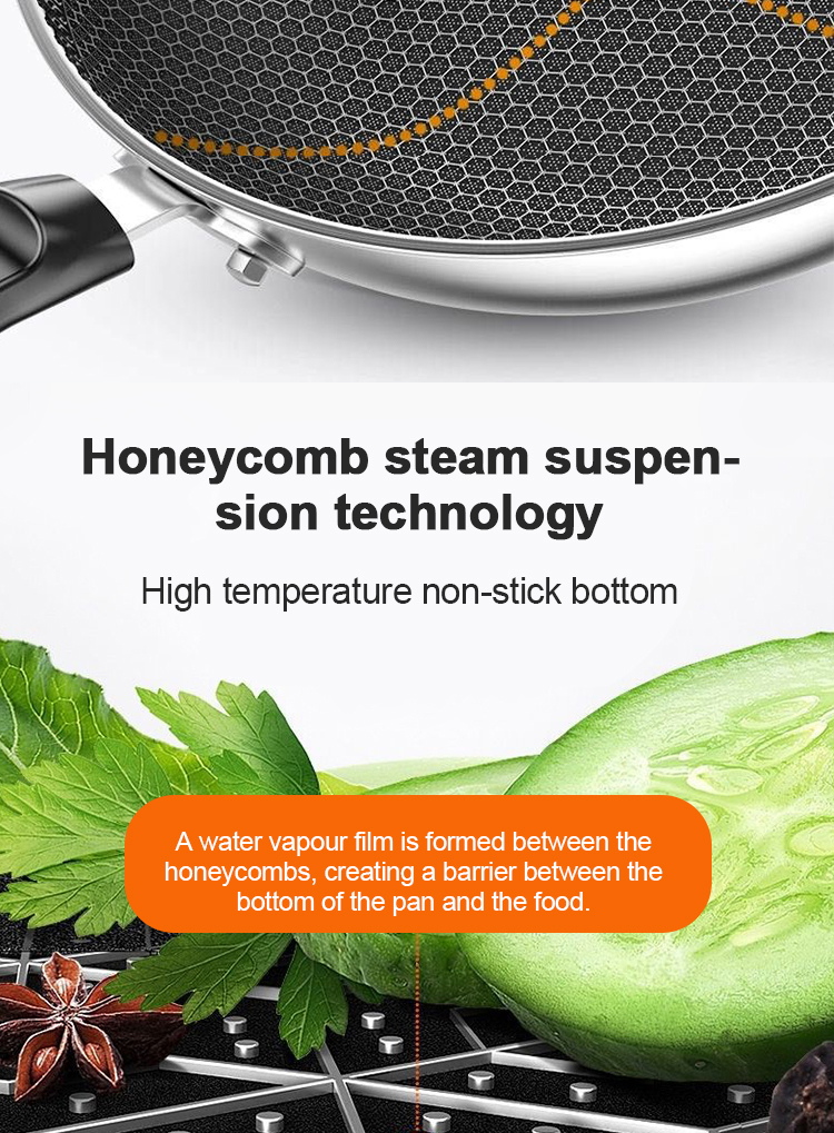 Hot Selling Kitchen 304 Stainless Steel Fry Pan Induction Bottom Honeycomb Non Stick Cooking Pan with Bakelite Handle