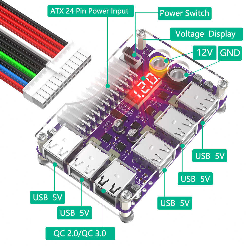 ATX 24 Pin Power Supply Breakout Board with Acrylic Case Kit 3 Digit LED Display 12- port USB 2.0 & QC 2.0/ 3.0 & 12V Output