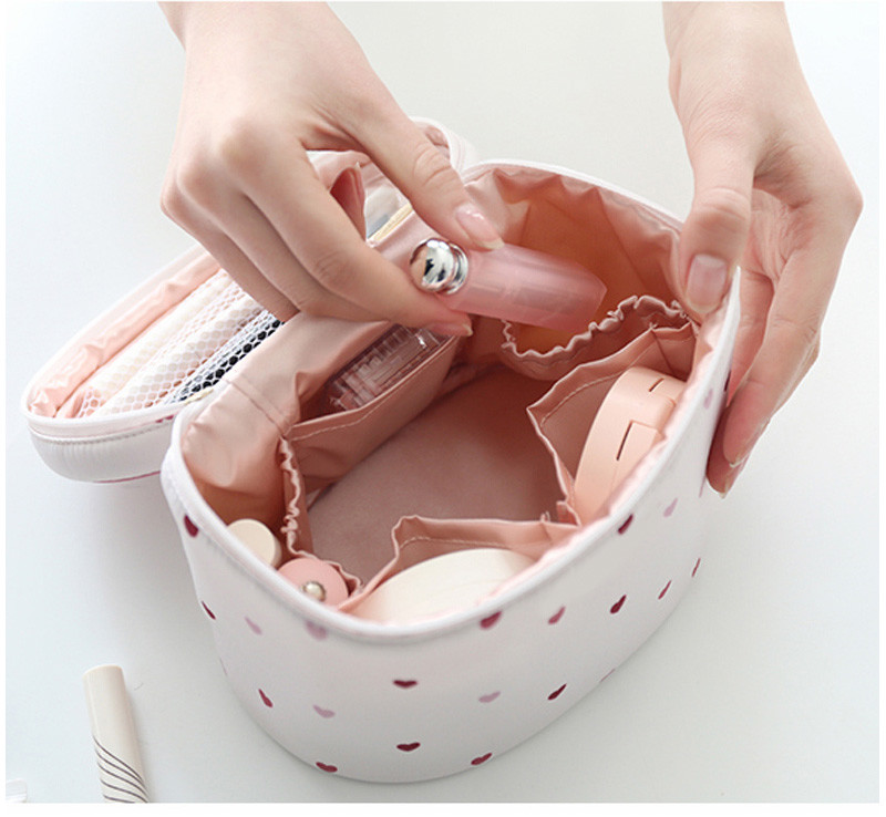 Heart Printed Zipper Closure Satin Cosmetic Makeup Bag