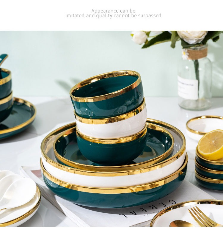 Hot Sale Exquisite Life High Quality Gold Frame Dark Green Home Porcelain Dinner Set Ceramic Tableware Set