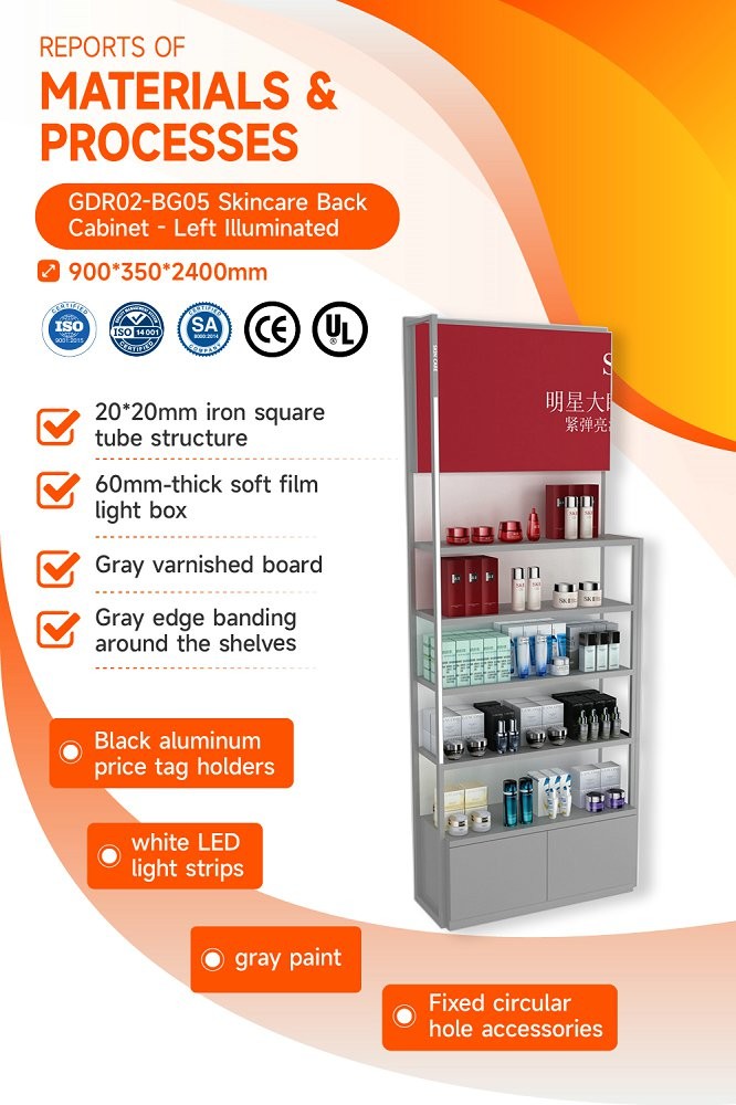 GDR02-BG05 Left Illuminated Skincare Display Cabinet with Multi-Purpose Storage and Modern Style for Department Stores