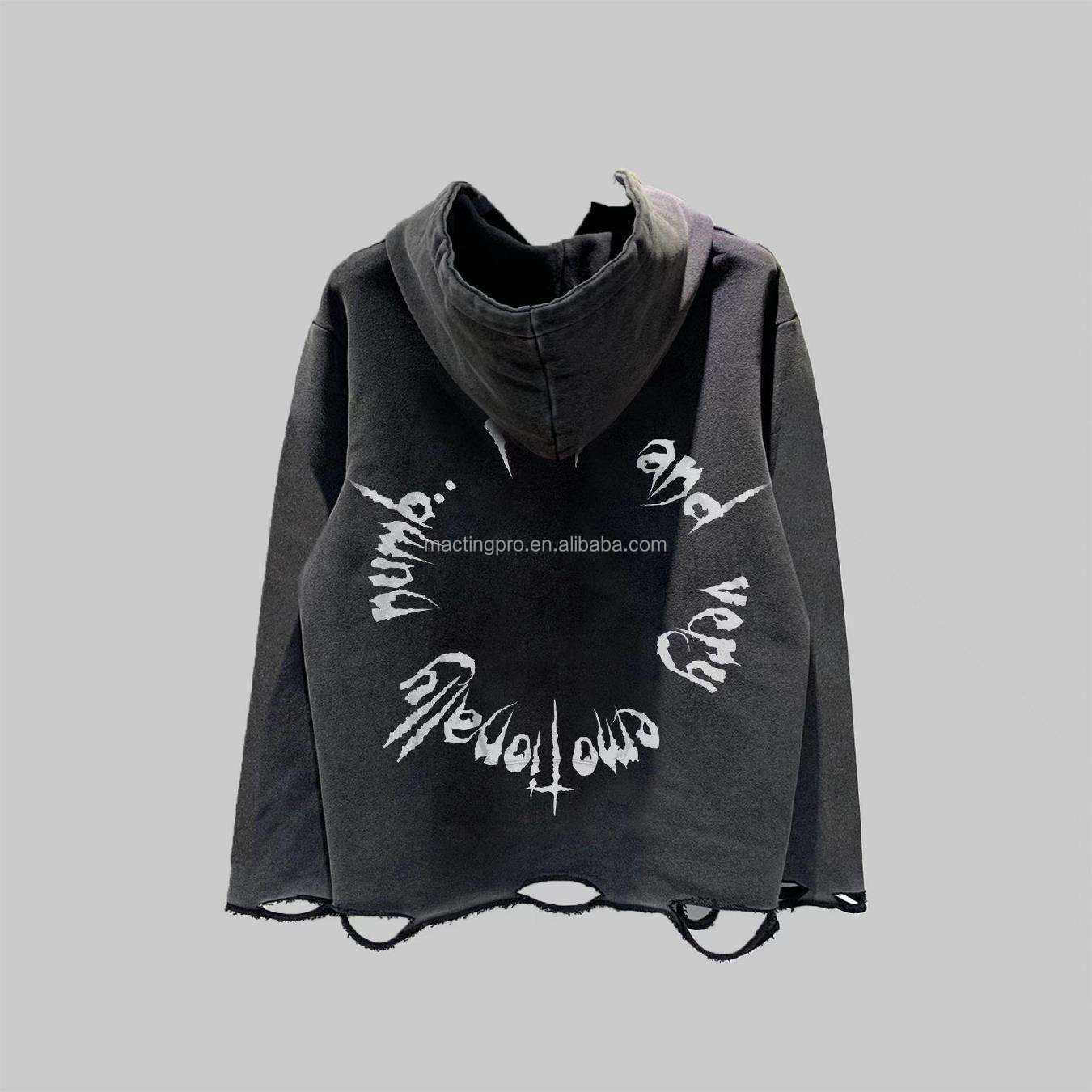 Dtg Pullover Hoodie Acid Wash Distressed Ripped Raw Hem Crop Hoodie Men Needle Detection Fabric 500grams