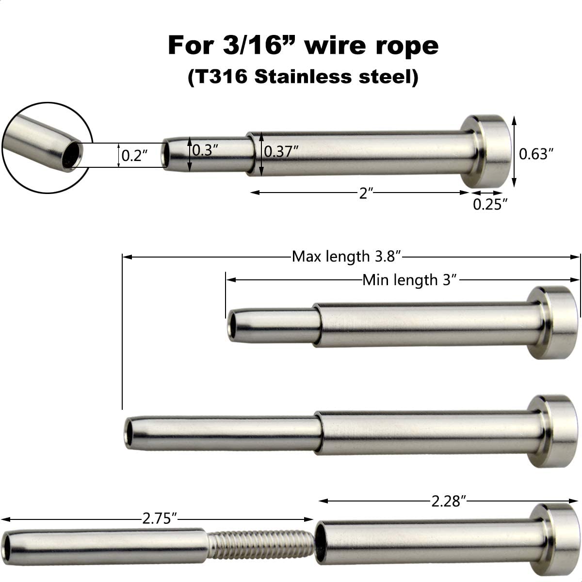 Polish Finish Stainless Steel Cable Railing Hardware Kit 3/16" for Deck Metal Post