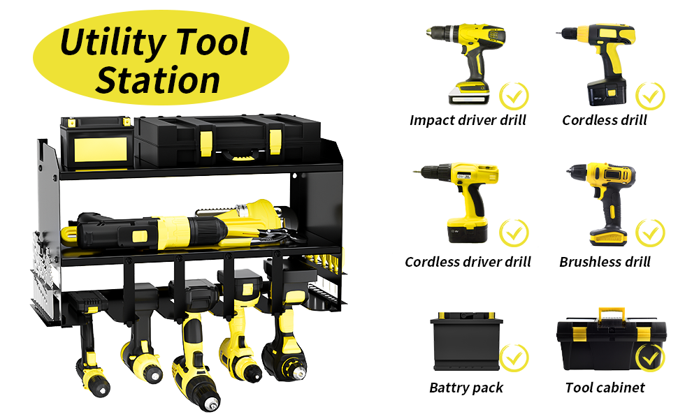 Logo Shape Pegboard Power Tool Organizer with 5 Drill Slots and Screwdriver Holder