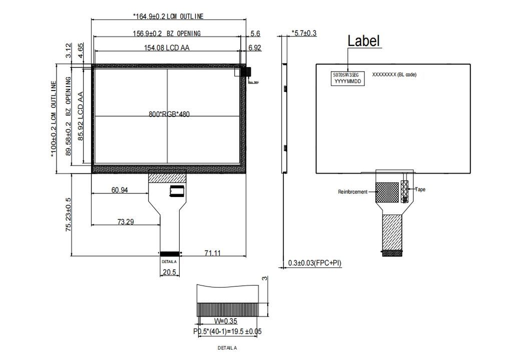 7.0inch 800X480 Hightlight TFT LCD Display Interface Lvds Luminance 1000 Nits 1000 Viewing Angle 12 O&rsquor; Clock Od Size (mm) 164.9*100.0*5.7