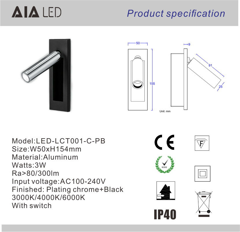 Recessed mounted any finish reading wall light 3W led wall lamp led reading bedside lights