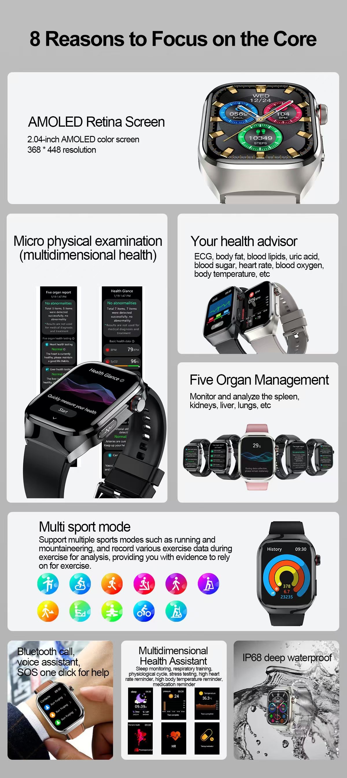 TK16 Health Care Smart Watch With 2.04inch Screen BT Call Blood Oxygen Temperature